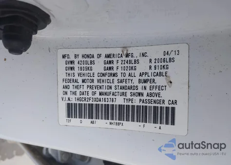 2013 Honda Accord Lx из США, поврежденный, VIN 1HGCR2F3XDA163787